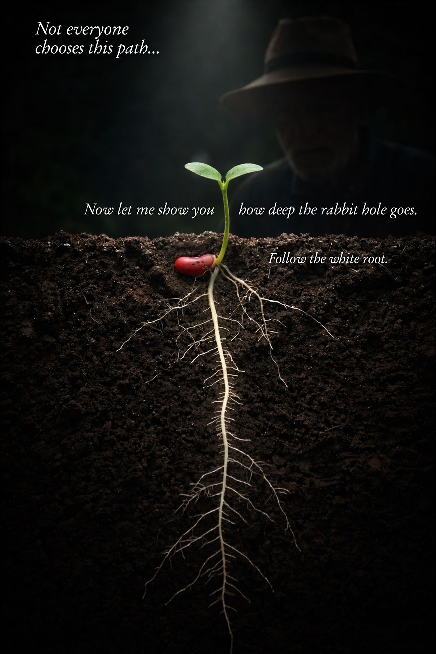 Gardener silhouette watching over a red kidney bean seedling with glowing white taproot growing deep into dark soil — Secrets of Gardener